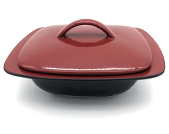 Vintage Corningware Ryku Casserole & Lid Square | Wine Red and Black Stoneware Casserole 2 qt | Hearthstone CorningWare Modern Asian Fusion