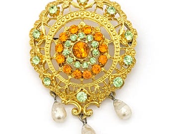 1960s Brooch Orange Gold Plated Pearls & Rhinestones Brooch | Vintage Rare Brooch Marked Dorene | Antique Designer Brooch Vibrant Colors