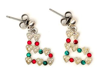 Vintage Rhinestone Christmas Stocking Earrings | Holiday Stud Dangles