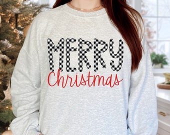 Merry Christmas Gingham Faux Applique Women&#39;s Sweatshirt