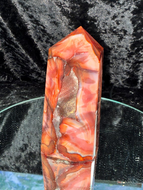 6.06 Inch Carnelian Agate Tower with Druzy Pocket – Red Orange Crystal Point, Flame Pattern, Statement Piece