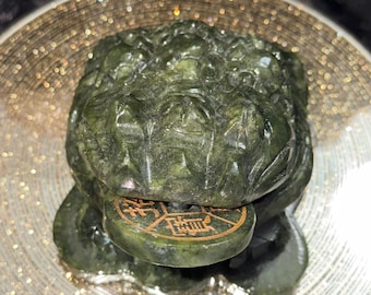 4.6” Green Jade Money Toad Carving | Feng Shui Wealth Frog | Lucky Prosperity Statue