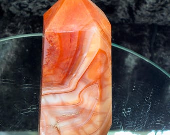 5.04 Inch Carnelian Agate Tower with Druzy Pocket | Banded Orange Crystal Point | Statement Flame Freeform | High Flash Polish