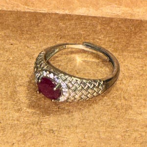 Adjustable Ruby Ring with Moissanite Halo in Sterling Silver – Vintage Style Red Gemstone Ring – Adjustable Size Statement Ring