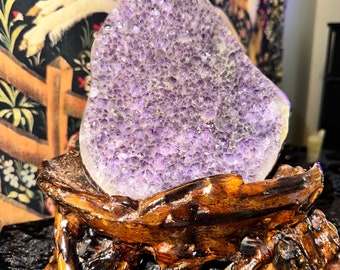 9 Inch Amethyst Geode Crystal Cluster Large Purple Druzy Quartz Cut Base Display Piece with Stand
