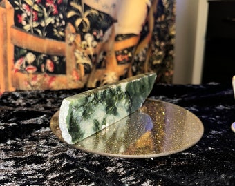 Rebanada de cristal de ágata musgosa de 20 cm (7,87 pulgadas), ágata verde y blanca de forma irregular, pieza de exhibición de ágata musgosa natural.