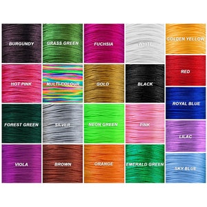 May include: A colour chart of 20 different colours of cord, including burgundy, grass green, fuchsia, white, golden yellow, hot pink, multi-colour, gold, black, forest green, silver, neon green, pink, red, royal blue, lilac, viola, brown, orange, emerald green, and sky blue.