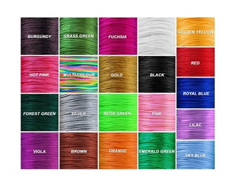 May include: A colour chart of 20 different colours of cord, including burgundy, grass green, fuchsia, white, golden yellow, hot pink, multi-colour, gold, black, forest green, silver, neon green, pink, red, royal blue, lilac, viola, brown, orange, emerald green, and sky blue.