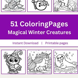 Magical Winter Creatures Coloring Pages, Kid’s Coloring Pages, Printable Coloring, Fantasy Coloring Book - fairies, unicorns, dragons