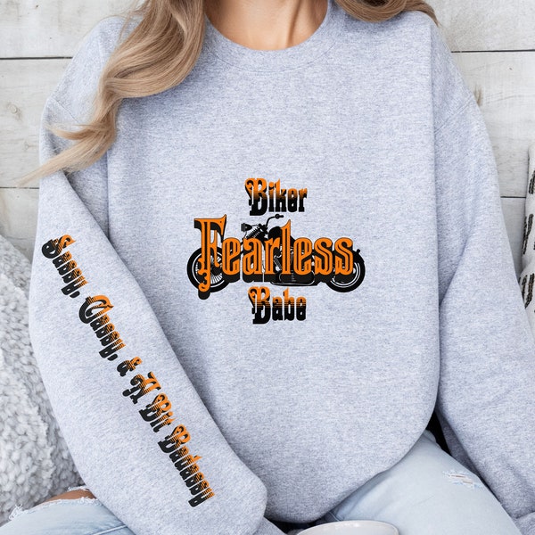 Ladies Biker Babe Fearless Classy Badassy Motorcycle Graphic Heavy Blend Crewneck Sweatshirt