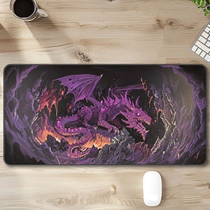 May include: A purple dragon with wings outstretched, emerging from a dark, smoky cave. The dragon is surrounded by flames and rocks, creating a dramatic and fantasy-themed design.
