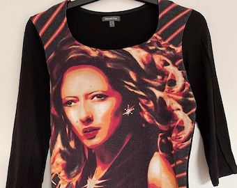 Vintage Y2K Brown Blouse with Woman | Y2K Ladies Blouse with 3/4 sleeves | Avant-garde print