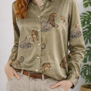 ZARA Olive Satin Leopard Print Shirt Oversize Animal Print Blouse Button Up Safari Chic Vintage Style Elegant Women Top