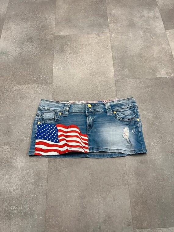 Y2K Coquette Denim Mini Skirt XL – American Flag Print, Low Rise