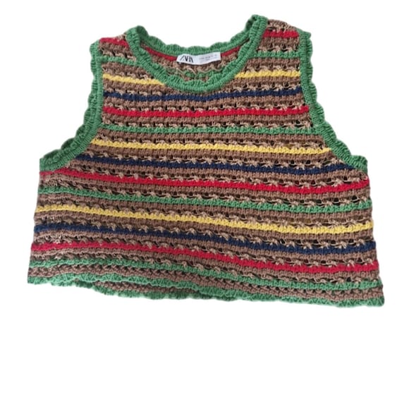 ZARA Maglione gilet in maglia verde colorato, stile boho, pullover