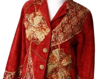 Vintage 80s Indigo Moon Red and Gold Avant Garde Jacket | Very rare embroidered patchwork jacket made in Germany