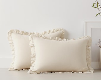 Netbors French Linen Ruffle Pillowcases, 100% Natural Flax, Queen/King, 2-Piece Set