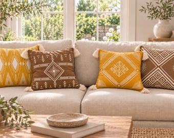 Netbors Embroidered Geometric Tassel Throw Pillows, Versatile Home Accent, 4 Boho Style Designs in Warm Earthy Tones, 18" x 18", w Inserts