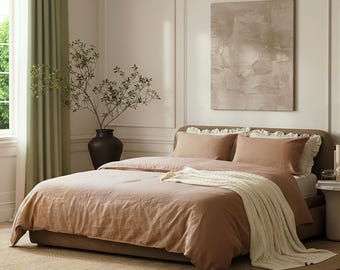 Netbors French Linen Duvet Cover Set, Natural Flax, Stone-washed, Breathable, 3-piece Set, Queen/King