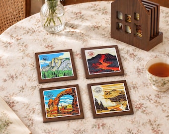 Netbors Solid Wood Framed Ceramic Coaster & House-shaped Holder Set with Embossed Printing