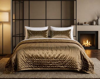 Netbors Luxurious Velvet and Cotton Quilt Set, Cozy Bedspread with Classic Diamond Quilting and Embroidery for All Seasons, 3-pc, Queen Size