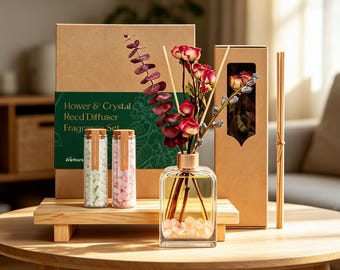 Reed Diffuser Set 6oz with Dried Flowers & Crystal Stones  Aromatherapy Home Decor Fragrance