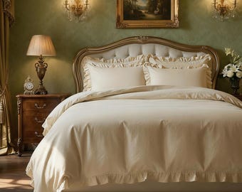 Netbors French Linen Ruffle Duvet Cover 3-Piece Set, Natural Flax, Farmhouse Chic, Queen/King
