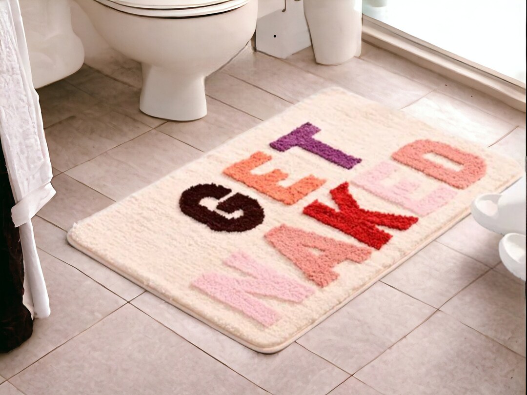 Funny Pink Tufted Bath Mat get Naked, Bathroom Mat, Bathroom Decoration