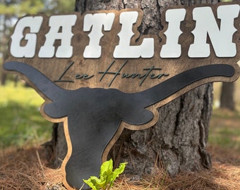 Custom cow name sign for boys nursery longhorn name sign wall decor Western themed longhorn bullhorn name sign baby announcement sign