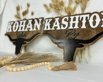 Western themed nursery name decor wood name sign with cow head longhorn signs for boys room bull with horns cowboy wall decor forabove crib