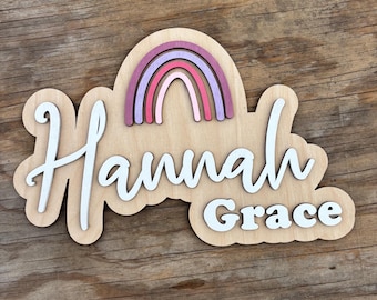 Custom Wooden Rainbow Name Sign for Nursery or Kids Room Wall Decor – Personalized Baby Shower Gift with Layered Wood Design
