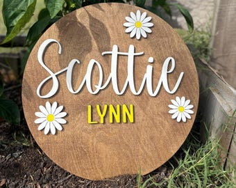Round Daisy themed nursery decor, name sign for girls room Above crib sign