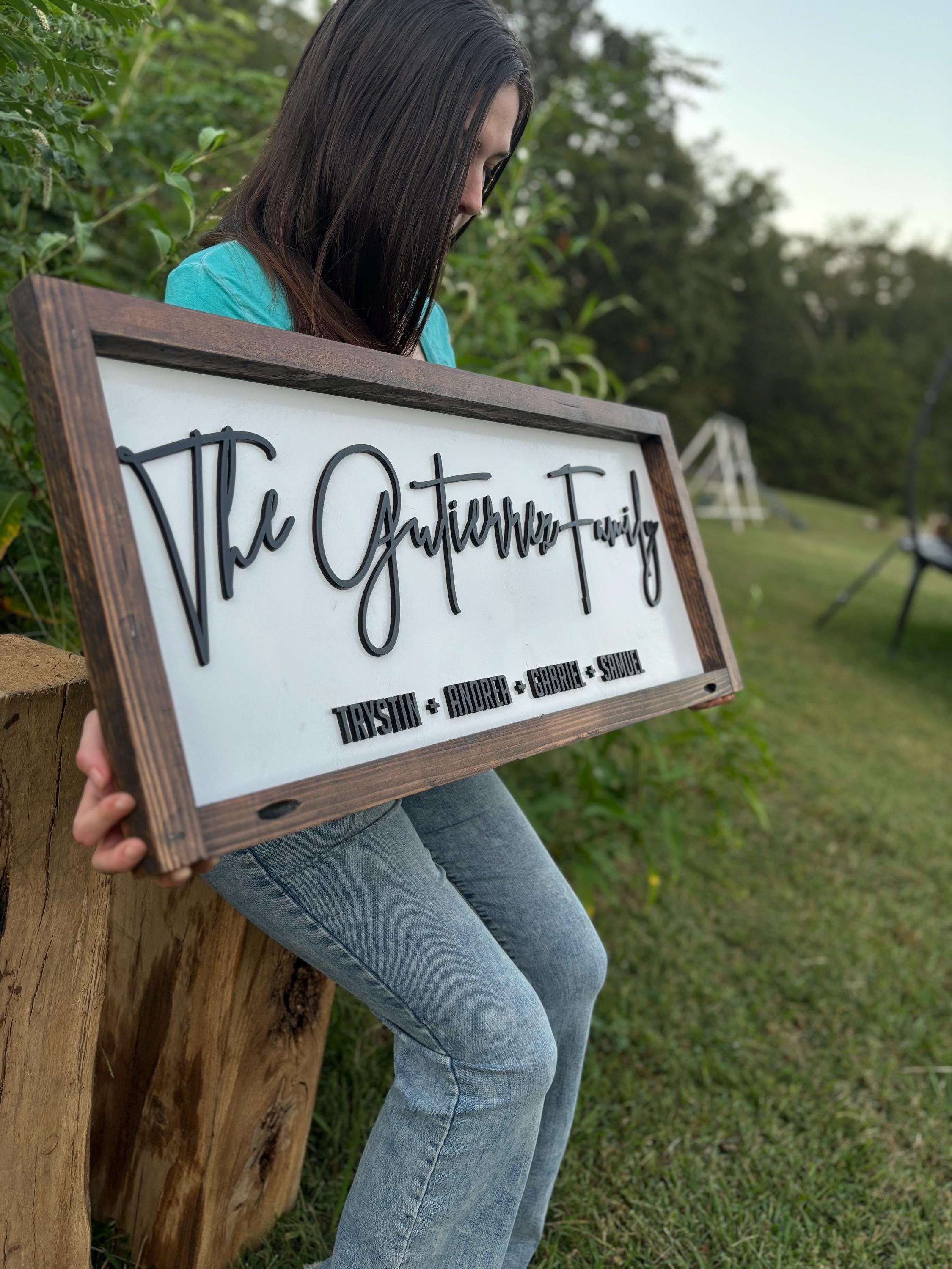 Family Name Sign for Living Room, Wood Framed Sign With Kids Names and ...
