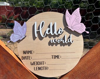 Personalized Baby Girl Hello World Sign, Butterfly Birth Stats