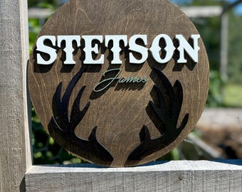 Round name sign with antlers Custom nursery decor first name and middle name