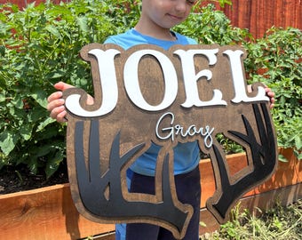 Personalized Deer Antler Name Sign for Boys Room Nursery Wall Decor Custom Wood Sign Hunting Theme Gift Rustic Cabin Baby Shower