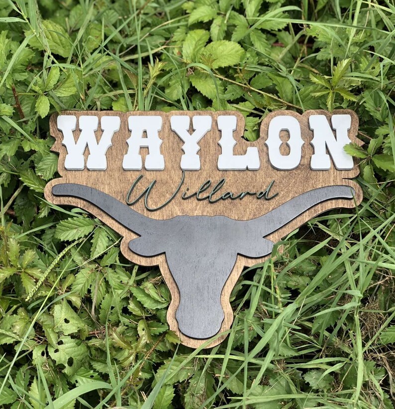 Waylon In Cursive Boys Name Sign Longhorn Boys Room Decor for Wall Babyshower Gift ...