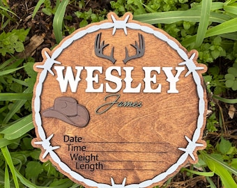 Rustic Western Baby Name Sign with Antlers and Cowboy Hat – Personalized Newborn Birth Stat Announcement Plaque Nursery Decor