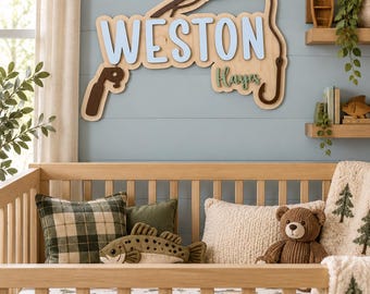 Personalized Fishing Name Sign, Wooden Nursery Wall Decor Rustic Fishing Name Sign, Personalized Wood Nursery Decor