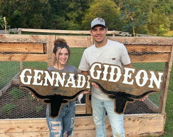 Cowboy name signs for baby boy western themed nursery wall decor bull horns rustic longhorn decor above crib sign baby announcement