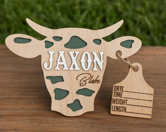 Baby Boy Cow Birth Stats Sign Announcement / Cattle Tag Hospital Door Hanger Boy / Wood Birth Sign / Western Baby Sign Cow Head