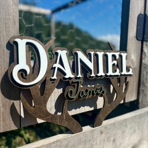 May include: A wooden sign with a brown antler design. The name "Daniel James" is written in white and green letters on the sign.