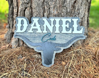 Cow nursery decor western themed name signs for baby boy longhorn bullhorns childs name baby shower gifts for boys