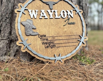 Rustic Western Baby Birth Stat Sign Personalized Wooden Name Announcement Plaque Cowboy Nursery Decor Baby Shower Gift Keepsake