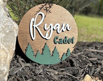 Boys round name, sign, woodsy, theme, circular signs for nursery, green and white colors. First name and middle name would signs for wall