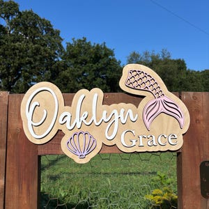 Custom Mermaid Tail Name Sign for Girls Room Decor, Personalized Wood Nursery Name Sign with Shell Accent, Ocean Theme Baby Wall Art