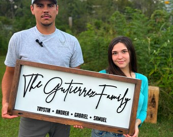 Family name sign for living room, Wood framed sign with kids names and last name, custom wedding gift personalized housewarming present