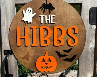 Halloween door hanger with families name custom Halloween decor round wooden last name sign