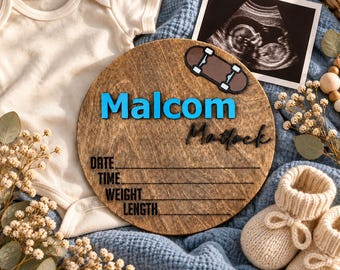 Personalized Skateboard Baby Name Sign | Wooden Birth Announcement Plaque | Baby Boy Photo Prop