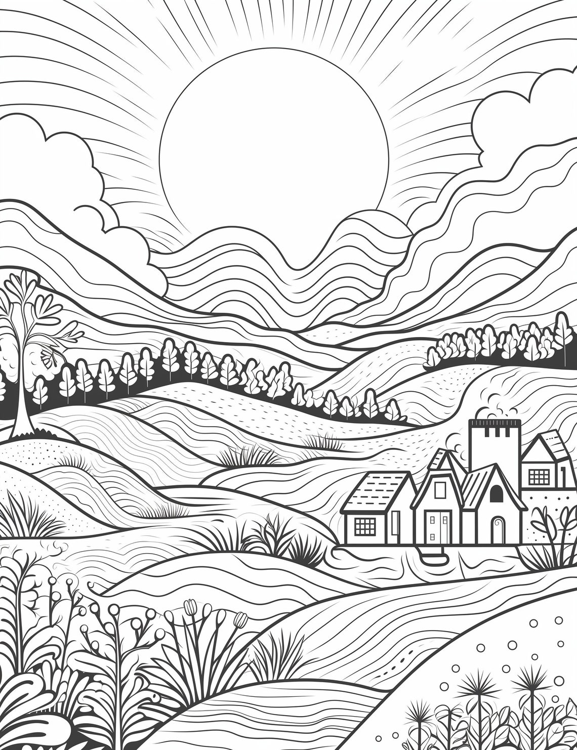 Minimalistic Scenery Coloring Pages for Kids and Adults, Printable Boho Coloring Page Anxiety ...